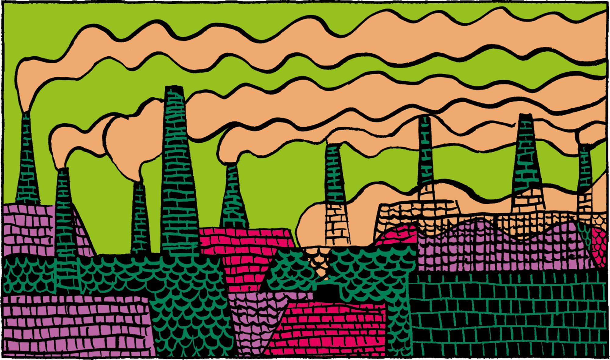 Illustration of an industrialized cityscape with smoking chimneys